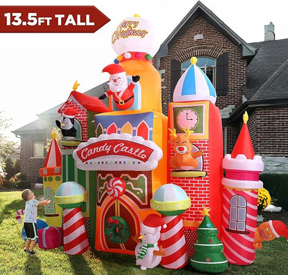13.5 FT Tall Candy Castle Christmas Inflatables Outdoor Decorations, Blow Up Christmas Decorations with Built-in Rotating Light for Garden Lawn Xmas Decor