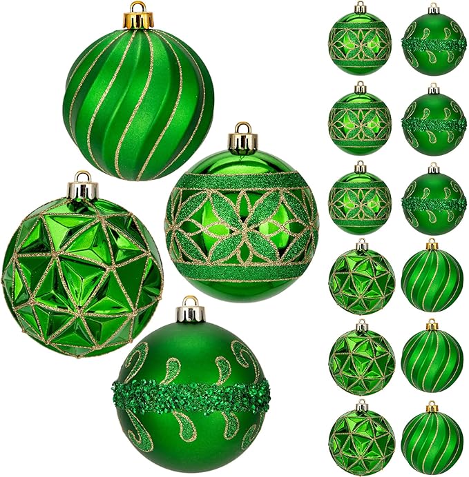 12pcs Green Christmas Ornaments Balls 3.14 inch Glitter Hanging Christmas Tree Ornaments Set for Christmas Decorations Hand Painted Shatterproof Christmas Baubles for Xmas Holiday Party Decor
