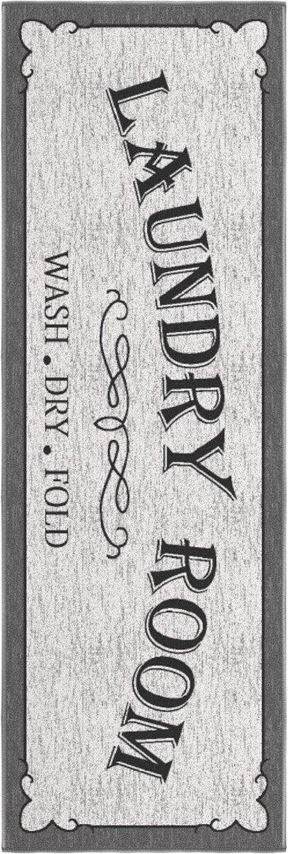 Ottomanson Laundry Collection Non-Slip Rubberback Laundry Text Design 2x5 Laundry Room Runner Rug, 20" x 59", Light Gray