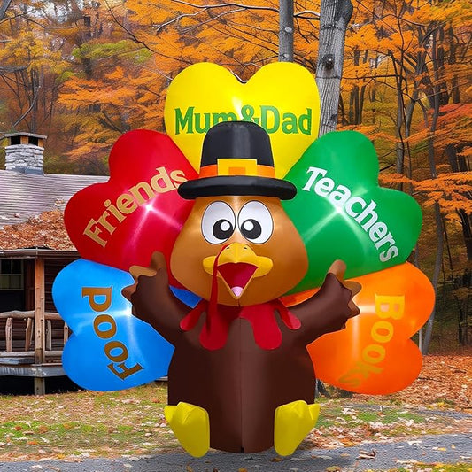 Kalolary 8FT Thanksgiving Inflatables Decorations,Giant Turkey Inflatables with Pilgrim Hat &Colorful Tail Fall Blow Up Yard Decorations with Build-in Lights for Garden Lawn Outdoor Thanksgiving Decor