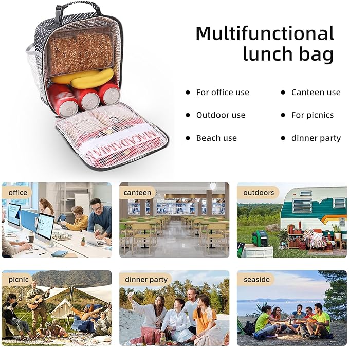 Lunch box Lunch bag for men women Insulated Lunchbox Lunch bags for Work Picnic Travel (Black polka dot)