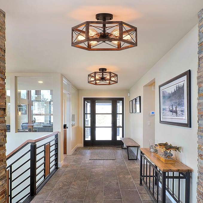 6-Light Large Rustic Farmhouse Metal Flush Mount Ceiling Light Fixture 18 inch Antique Oak Hexagon Cage Semi Flush Mount Ceiling Light for Hallway Entry Dining Farmhouse Bedroom Living Room, Black