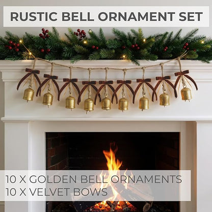 Rustic Golden Christmas Bell Ornaments and Velvet Bows – Beautiful Ornament Set of 10 Adds Elegance to Any Modern or Farmhouse Christmas Tree Decor – Giftable Vintage Bells w/a Festive Holiday Sound