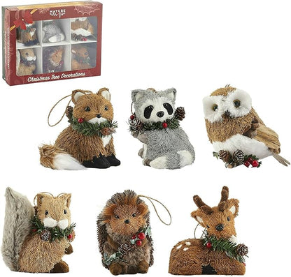 Nature Vibe Sisal Woodland Animals Christmas Tree Ornaments,Set of 6 Natural Woodland Creatures Christmas Ornaments in Gift Box for Rustic Christmas Tree Decorations or Farmhouse Decor