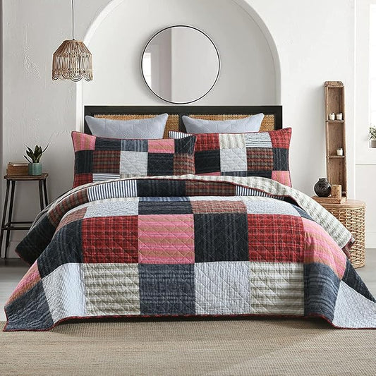 mixinni 100% Cotton Quilt Set for Queen Size Beds, Boho Patchwork Red Checkered Pattern Bedding Comforetr Set, 3-Piece Reversible Lightweight Bedspread Coverlet Set for All Season (90"x98")