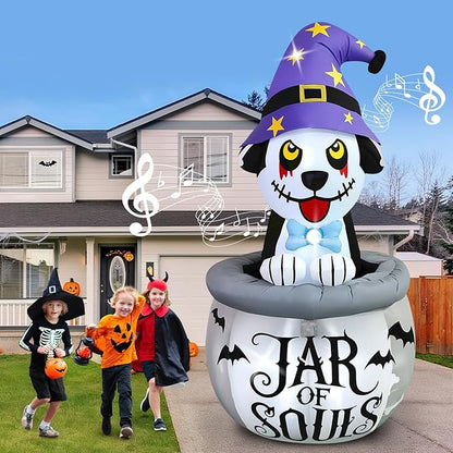Kalolary 7FT Halloween Inflatables Animated Puppy Dog with Music, Witch Cauldron Halloween Blow Up Yard Decoration with Built-in LEDs for Indoor Outdoor Holiday Party Garden Lawn Decor