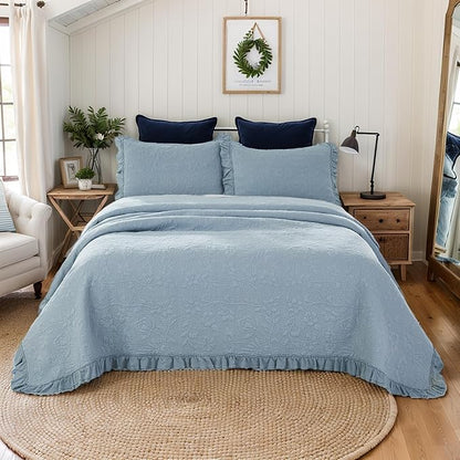 Brandream Queen Size Quilt Set Cotton Shabby Chic Bedding Light Blue Floral and Vine Matelasse Coverlet Set Ruffle Bedspreads 3-Piece