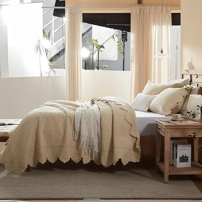 MarCielo 3-Piece 100% Cotton Oversized Bedspread Lightweight Quilt Coverlet Embroidery Farmhouse Bedding Set(TL Beige,Oversized Queen (100"x106"))