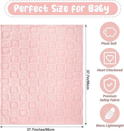 Plush Soft with Heart Checkered Baby Blanket,Fleece Infant Toddler Blankets for Girls Boys,Warm Lightweight Breathable Newborn Receiving Blankets for Crib Stroller 32"×37" (Light Pink, Heart)