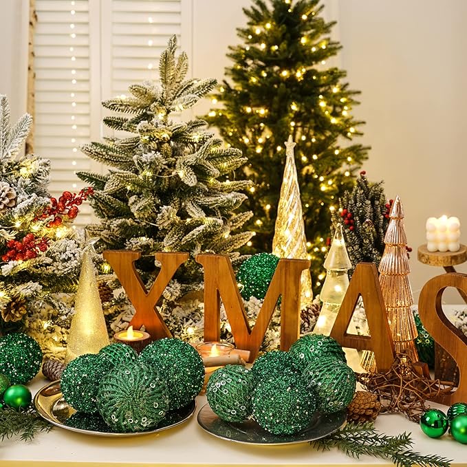 3.15" Christmas Ball Ornaments Glitter Shatterproof Christmas Tree Ornaments Sequin Xmas Hanging Balls Decorations for Wedding Party Holiday(Green, 12pc-8cm)