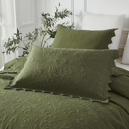 Brandream Queen Size Quilt Set Cotton Green Quilts Luxury Farmhouse Bedding Set Matelasse Coverlet Scalloped Quilt Set 3-Piece