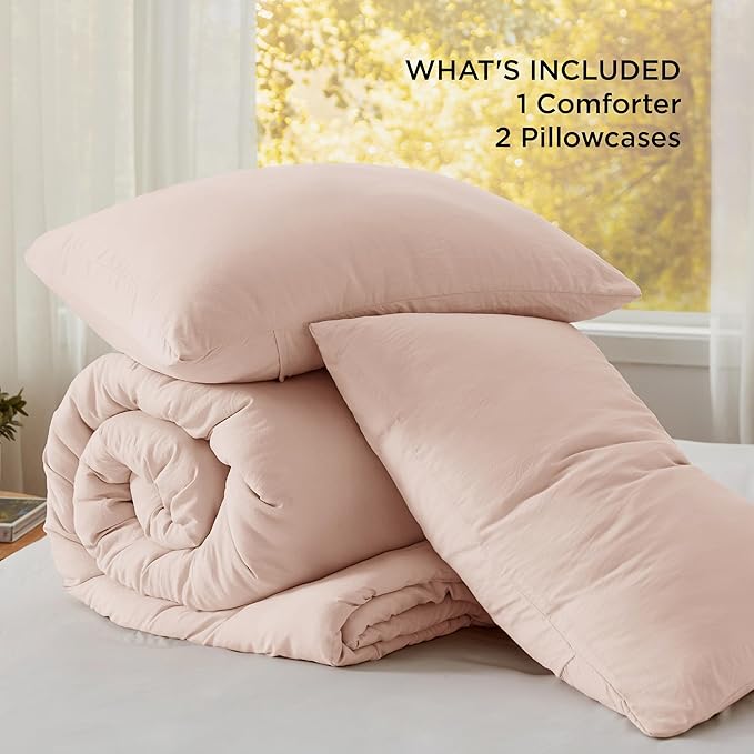 Bedsure Queen Size Comforter Set, Light Pink Soft Prewashed Bedding for All Seasons, 3 Pieces GentleSoft™ Warm Down Alternative Bed Set, 1 Lightweight Comforter (90"x90") and 2 Pillowcases (20"x26")