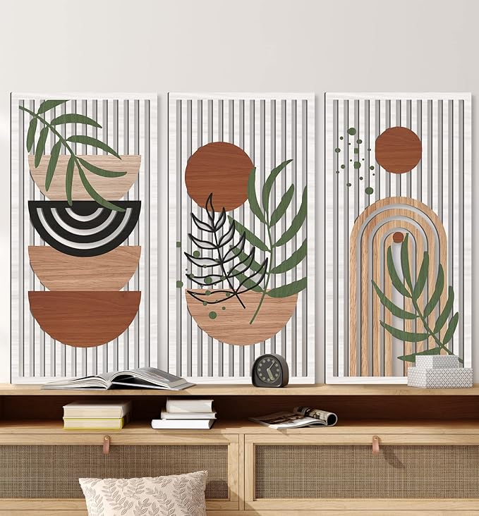 IARTTOP Large Boho Wood Wall Art Abstract Mid Century Wall Art Geometric Boho Wall Decor for Living Room Bedroom Office 16x32 Inch Set Of 3