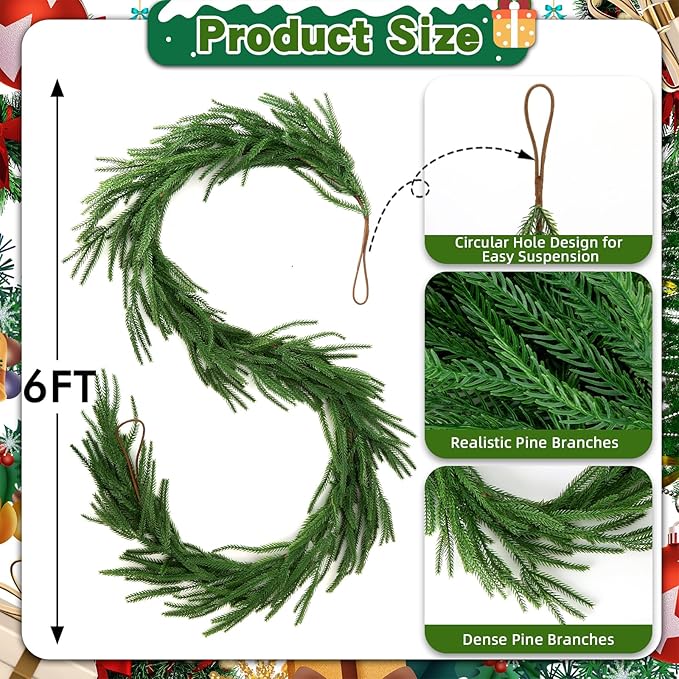 2 Pcs 6 FT Norfolk Pine Garland Artificial, Realistic Christmas Greenery for Mantle Table Wall, Real Touch Winter Pine Garland for Christmas Indoor Outdoor Decor