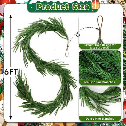 2 Pcs 6 FT Norfolk Pine Garland Artificial, Realistic Christmas Greenery for Mantle Table Wall, Real Touch Winter Pine Garland for Christmas Indoor Outdoor Decor