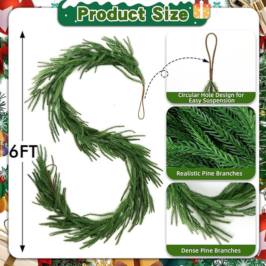 2 Pcs 6 FT Norfolk Pine Garland Artificial, Realistic Christmas Greenery for Mantle Table Wall, Real Touch Winter Pine Garland for Christmas Indoor Outdoor Decor