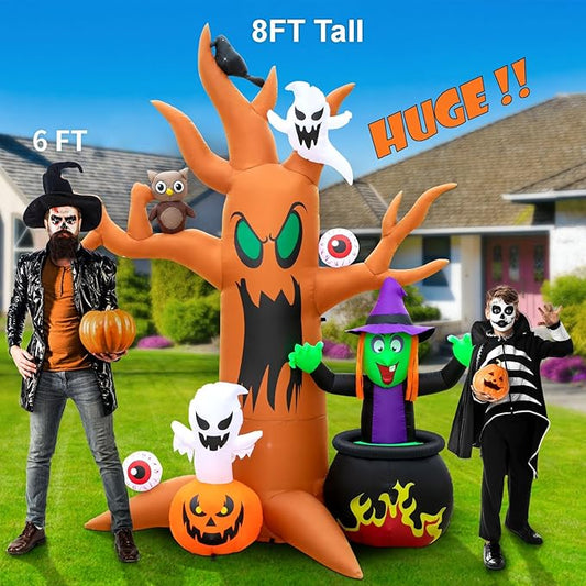 8FT Halloween Inflatables Tree Outdoor Decor with Inflatable Ghost Witch Pumpkins Blow Up Yard Decorations with LED Lights Owl Eyeballs Outside Lawn Party Decor