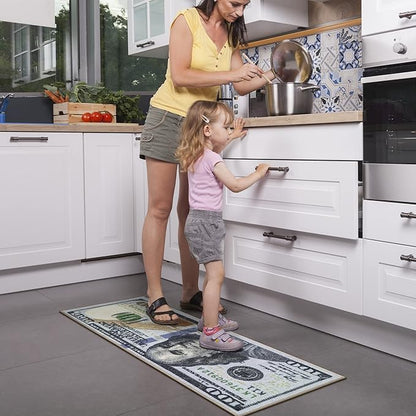 Machine Washable $100 Bill Design Non-Slip Rubberback 17x43 Modern Runner Rug for Hallway, Kitchen, Bedroom, 17" x 43", Multicolor