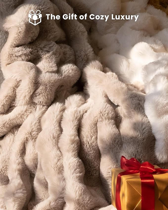 Ultra Soft Cozy Faux Fur Throw Blanket, Fuzzy Plush Thick Bubble Blanket, Oversize Luxury Fluffy Blanket for Couch, Bed, and Living Room, 60x80 Inches, Light Brown