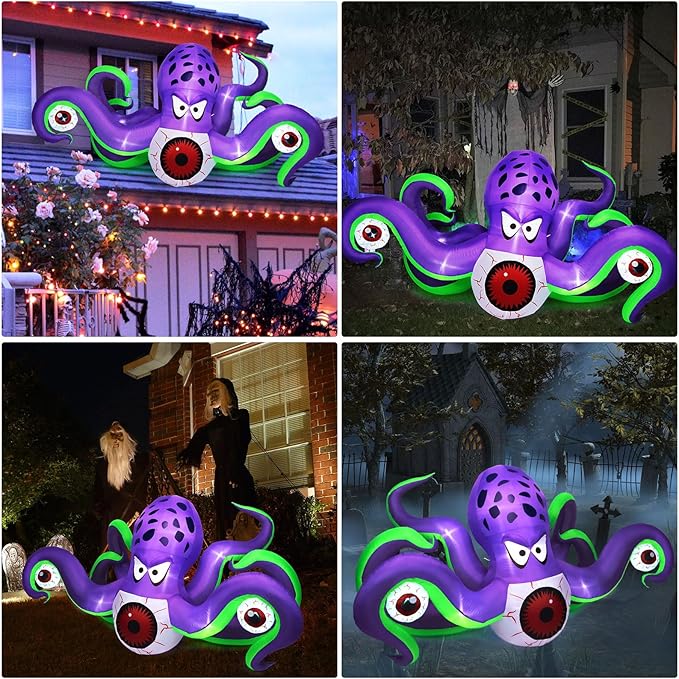 Camuland 6.5Ft Long Halloween Inflatables Giant Octopus Purple LED Light Blow up Halloween Decor Inflatable Outdoor Halloween Decorations for Holiday Party Yard Lawn