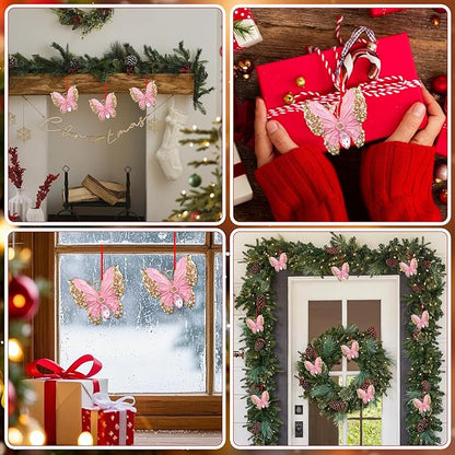 PETCEE Butterfly Ornament 2025 - Pink Butterfly Hanging Ornaments for Christmas Tree Decorations Monarch Butterflies Christmas Ornaments Keepsake Gifts for Girls Daughter Sister Mother Granddaughter