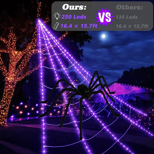 Halloween Spider Web Lights Decoration 250 LED Light up Spider Webs Halloween Decorations Outdoor with 59" Large Spider & 3.53 oz Stretch Cobweb 16.4 Ft Giant Web with 8 Modes (Purple)