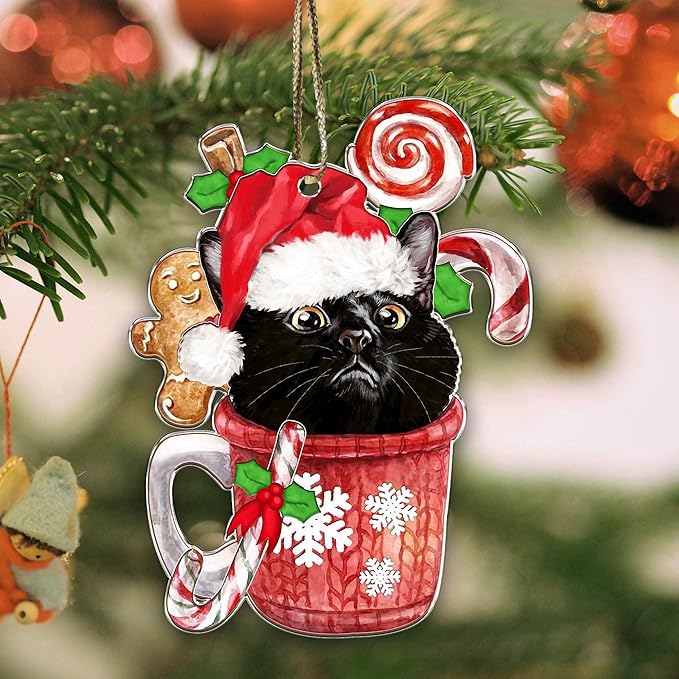 Acrylic Cat Christmas Ornament - Cute Black Kitten Decoration for Cat Lovers - 2024 Xmas Tree Hanging