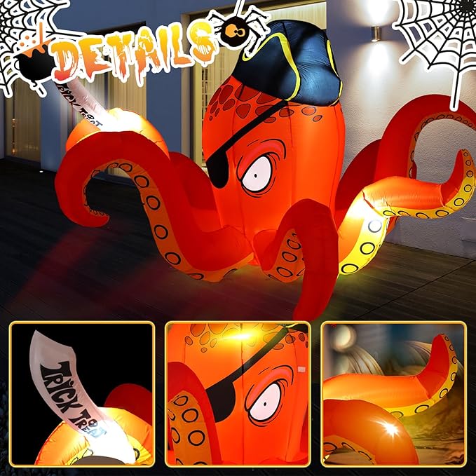 Hiboom Inflatables Giant Octopus Orange Pirate Octopus 7.2 FT Halloween Outdoor Decorations LED Light Blow up Halloween Decor for Indoor Outdoor Party Garden Lawn Decoration