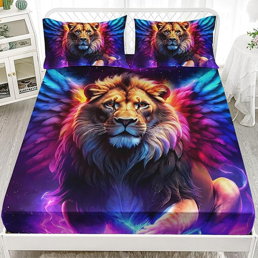 AILONEN Lion Fitted Sheet Set Twin XL Size, 3 Pieces Printed Evening Starry Wings Lion Bed Sheet Set,Colorful Tie Dye Rainbow Fitted Sheet with 2 Pillowcases