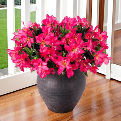 Artificial Flowers for Outdoors, 3 Bundles Fake Silk Azalea Bouquet Faux Flower Plants Outside Decoration UV Resistant Realistic Fake Flowers for Planter Front Door Patio Garden Walkways Home, Hotpink