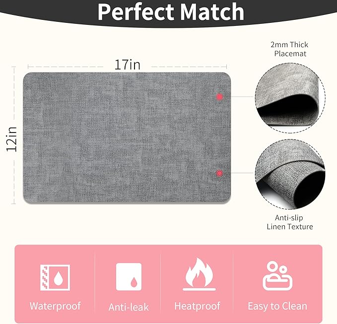 Maxpearl Faux Leather Placemats Set of 6 - Waterproof - Wipe Clean - Heat Resistant - Anti Slip Dining Table Place Mats, Suitable for Indoor & Outdoor Use, 17’’×12’’, Grey