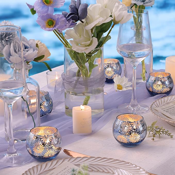 Blue Mercury Glass Votive Candle Holders Set of 12, Round Tealight Candle Holders Bulk for Table Centerpieces, Weddings, Shower Gifts, Party Decorations