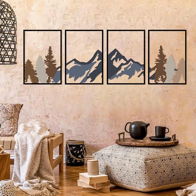 ESTART 4 Pcs Metal Mountain Wall Art, Large Mountains Wall Decor, Mountain Rivers Decorative Painting Suitable For Living Room Bedroom Office Indoor And Outdoor