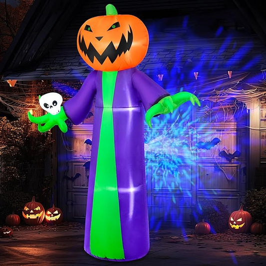 B&D 8FT Halloween Inflatables Outdoor Decorations, Inflatable Pumpkin Reaper Halloween Decorations Holds Skull Blow Up Yard Decoration Built-in Blue LED Disco Light for Holiday Party Garden Lawn Decor