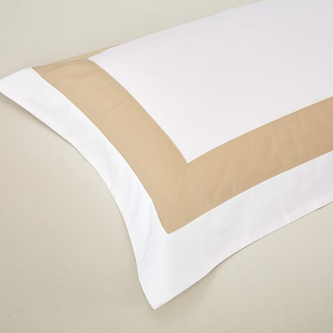 Casabolaj Bicolore Collection 3 Pieces Duvet Cover Set 100% Egyptian Cotton Sateen 400 Thread Count Classic Queen King-Frame Patchwork Manufacturing-White/Beige Color (Full)