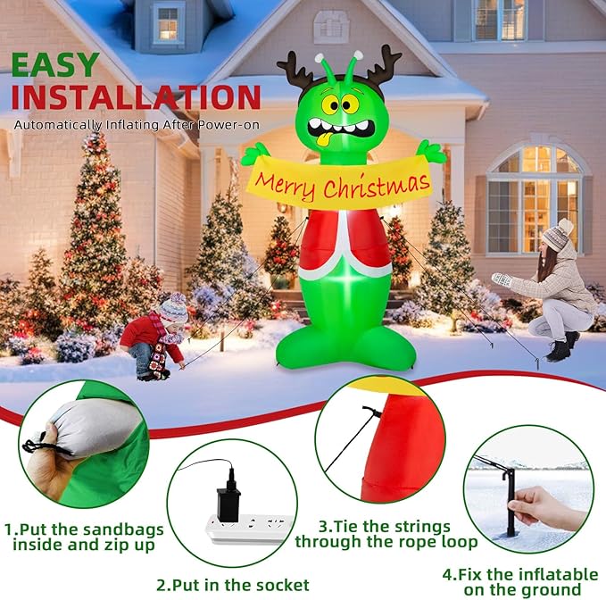 8FT Christmas Inflatable Outdoor Decoration, Inflatable Alien Christmas Blow Up Yard Decorations with Built-in LEDs Inflatable Xmas Decorations for Party Garden Yard Lawn Decor