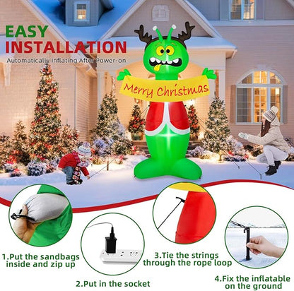8FT Christmas Inflatable Outdoor Decoration, Inflatable Alien Christmas Blow Up Yard Decorations with Built-in LEDs Inflatable Xmas Decorations for Party Garden Yard Lawn Decor