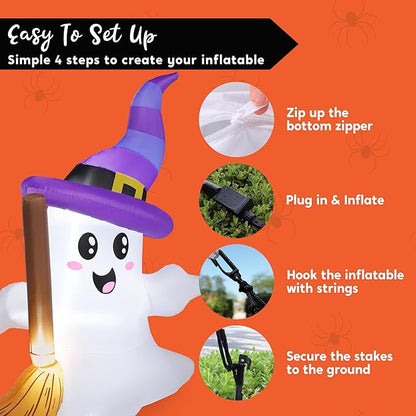 JOYIN 6 FT Tall Halloween Inflatables Ghost Outdoor Decorations, Cute Blow Up Ghost Holding Broom with LED, Blow Up Yard Decorations for Halloween Outdoor Yard Garden Lawn Party Decor