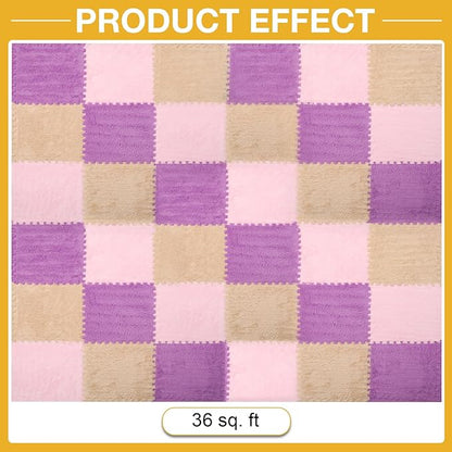 36 Pcs Plush Interlocking Carpet Tiles，Non-Toxic Foam Carpet Tiles for Toddler Baby，Machine-Washable，Anti-Slip，EVA Foam Interlocking Tiles for Floor, Nursery, Playroom，Purple,Light Brown,Pink