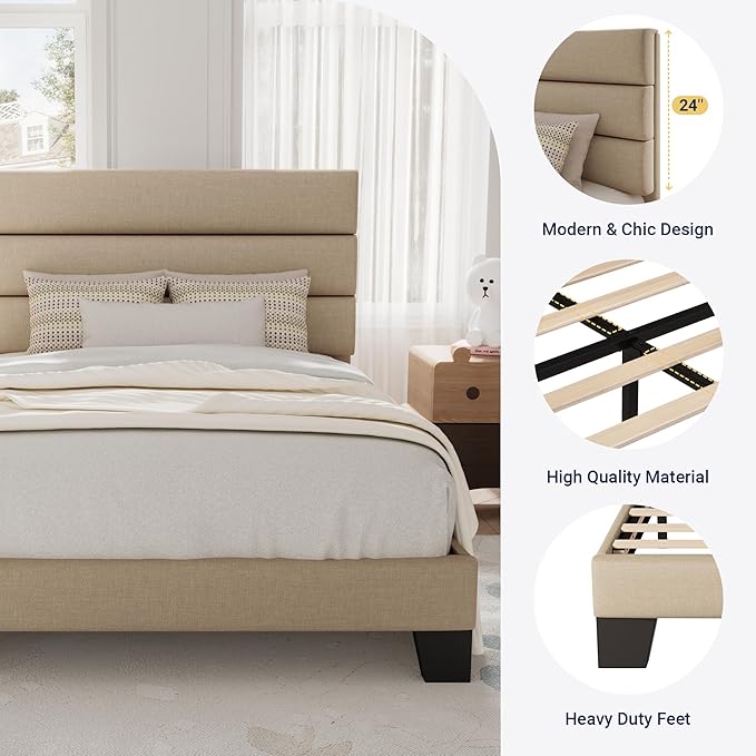 Allewie Twin Size Platform Bed Frame with Fabric Upholstered Headboard and Wooden Slats Support, Fully Upholstered Mattress Foundation/No Box Spring Needed/Easy Assembly,Beige