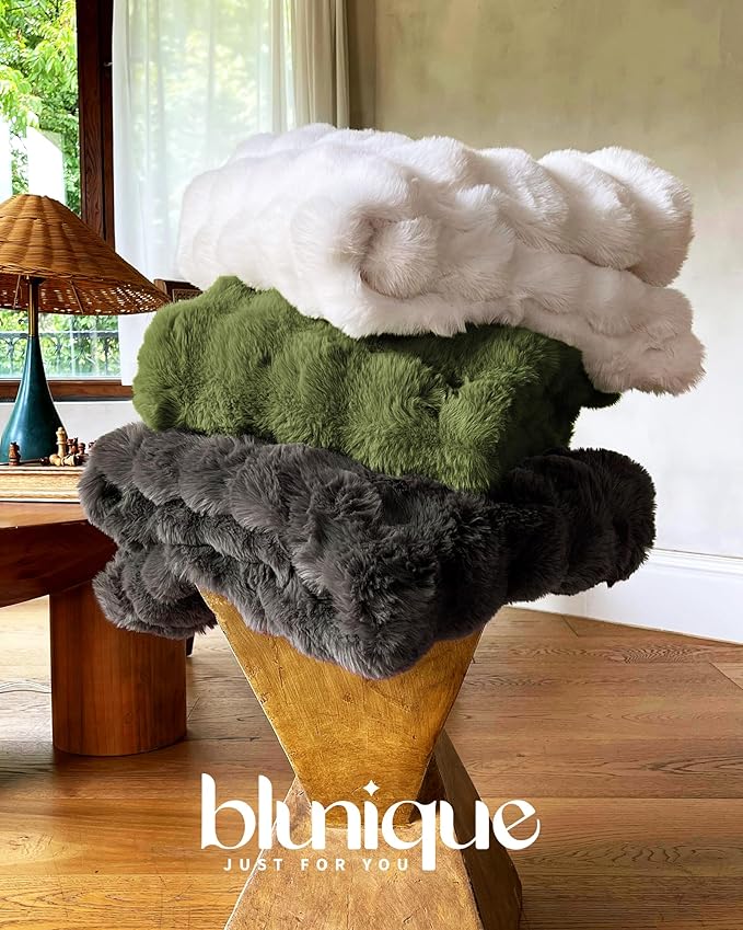 Ultra Soft Cozy Faux Fur Throw Blanket, Fuzzy Plush Thick Bubble Blanket, Oversize Luxury Fluffy Blanket for Couch, Bed, and Living Room, 60x80 Inches, Sage