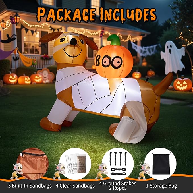 Dawdix 5FT Halloween Inflatables Mummy Dog Outdoor Decoration, Funny Blow Up Puppy Wrapped in Toilet Paper with Boo Pumpkin, Lighted Yard Dachshund Decor, Halloween Blow Up for Lawn, Garden, Porch