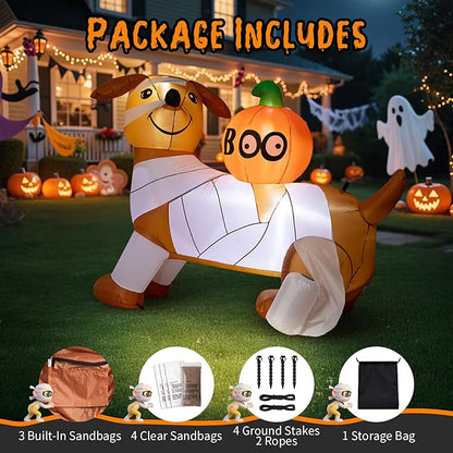 Dawdix 5FT Halloween Inflatables Mummy Dog Outdoor Decoration, Funny Blow Up Puppy Wrapped in Toilet Paper with Boo Pumpkin, Lighted Yard Dachshund Decor, Halloween Blow Up for Lawn, Garden, Porch
