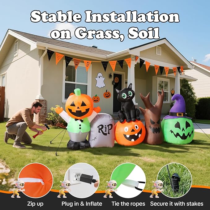Halloween Inflatables Outdoor Decoration, Pumpkin/Tombstone/Black Cat/Ghost Tree, Cute Blow Up Yard Decor, for Outside Garage Door Graveyard Yard Porch Lawn (8.5ft Pumpkin+Black Cat)