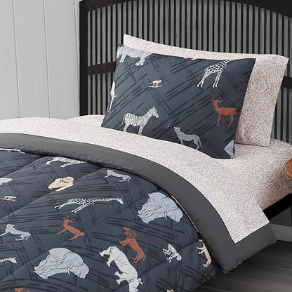 Kids Bedding Set Bed in a Bag for Boys and Girls Toddlers Printed Sheet Set and Comforter, Twin, Safari