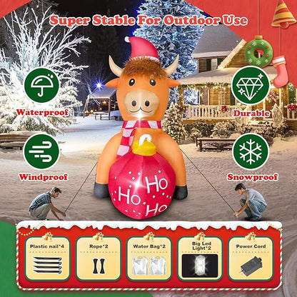Christmas Inflatable Cow Outdoor Decoration with Christmas Ball, 4FT Blow Up Yard Decoration with Built-in LEDs for Garden Lawn Indoor Party Holiday Decor