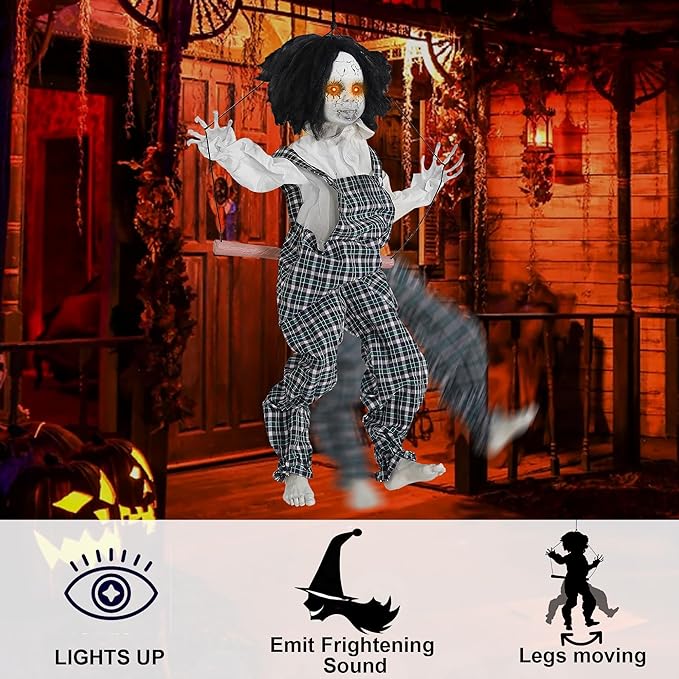 Prsildan Hanging Halloween Decorations Outdoor Swing Boy, Halloween Animatronic Scary Decor Life-Size Halloween Props with Creepy Sounds Motion for Outside Indoor Trees Yard