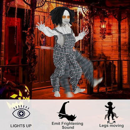 Prsildan Hanging Halloween Decorations Outdoor Swing Boy, Halloween Animatronic Scary Decor Life-Size Halloween Props with Creepy Sounds Motion for Outside Indoor Trees Yard
