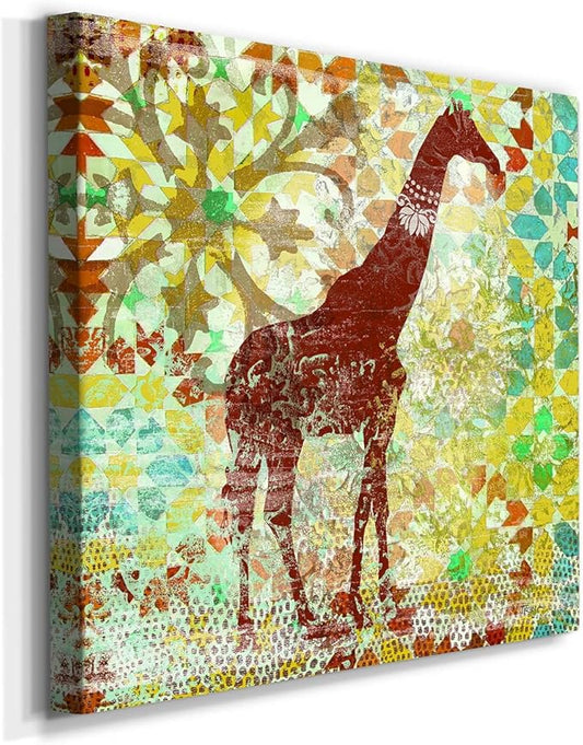 Colorful Animals Painting Wall Art on Canvas Modern Abstract Artwork, Bali Giraffe Wall Art, Ready to Hang, 40'' x 40''