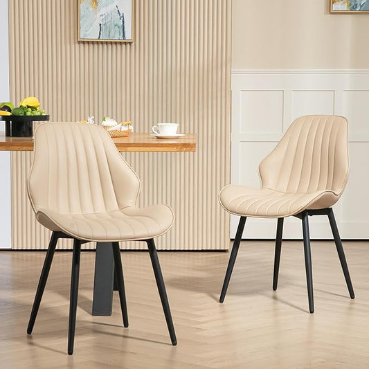 Finnhomy Dining Chairs Set of 2, Mid-Century Modern Upholstered Dining Chairs, Armless Faux Leather Accent Chairs with Backrest, Living Dining Room Chairs with Metal Legs for Dining Room, Khaki
